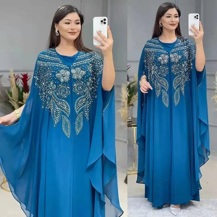 Elegant Moroccan Kaftan Set – 2 Piece Chiffon Abaya Dress