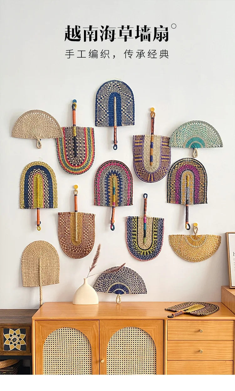 Seaweed woven Nordic hand-woven decoration home wall hanging living room porch background home wall fan pendant