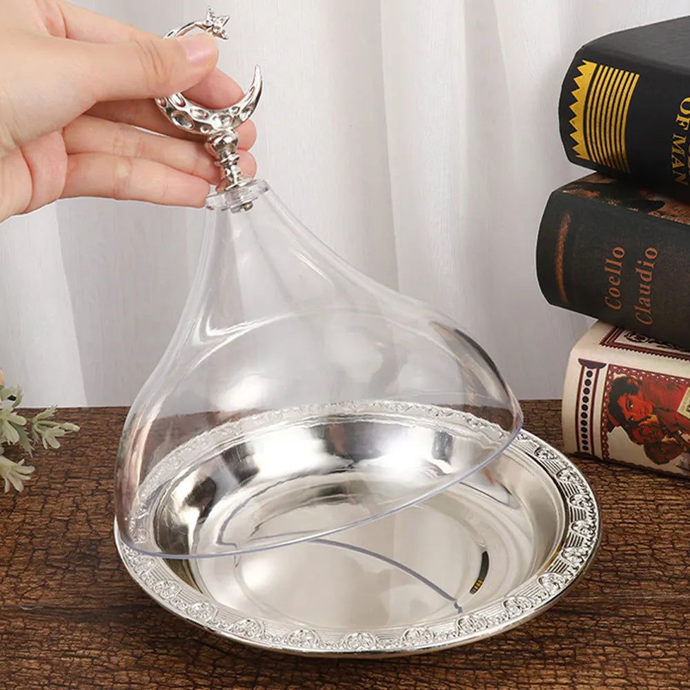 Ramadan Cake Tray with Clear Dome Lid Eid Metal Eid Mubarak Candy Tray Reusable Dessert Box Food Storage Organizer Nuts, Candies