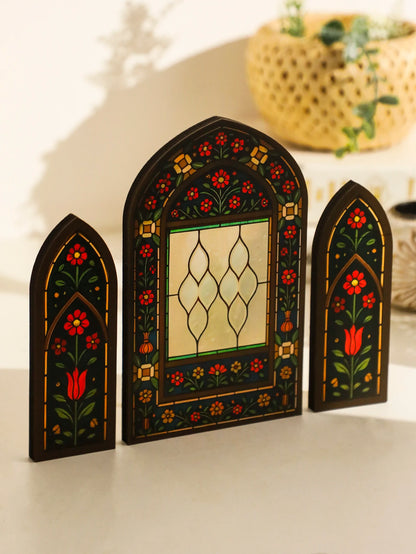 3Pcs/Set Islamic Geometric Arch Decor Golden & Floral Acrylic Table Ornaments Wooden Festive Home Decor for Ramadan & Eid Gifts