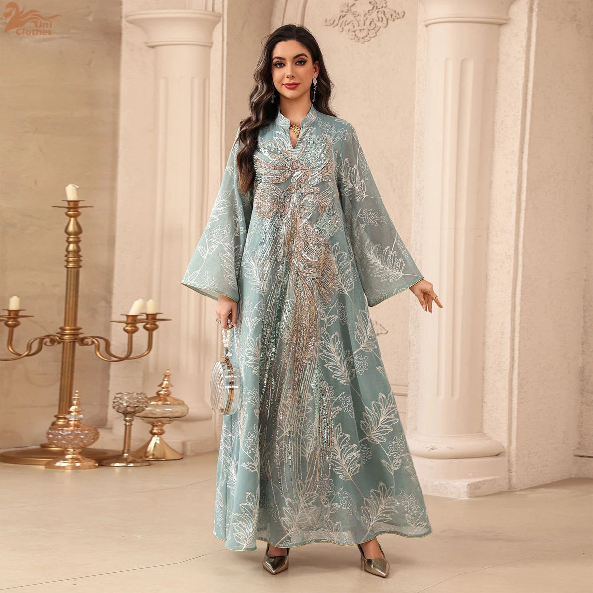 Zahraa Dubai Sequins Luxury Woman Evening Dress Mesh Embroidered Abaya V-Neck Caftan Marocain Femme 2026