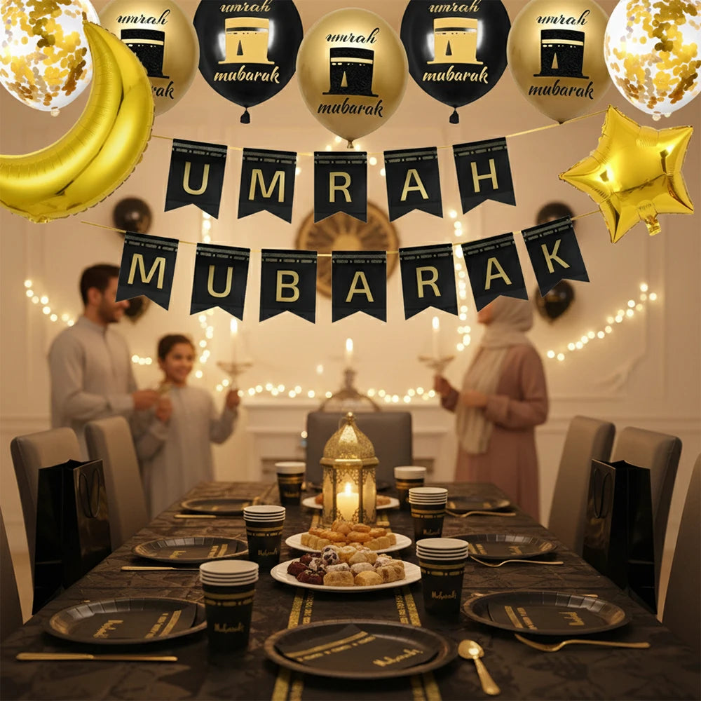 Eid Mubarak Ramadan Kareem Party Black Gold Paper Plates Cup Napkins Mubarak Umrah Banner for Islamic Muslim Festival Decoration