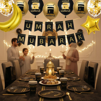 Eid Mubarak Ramadan Kareem Party Black Gold Paper Plates Cup Napkins Mubarak Umrah Banner for Islamic Muslim Festival Decoration