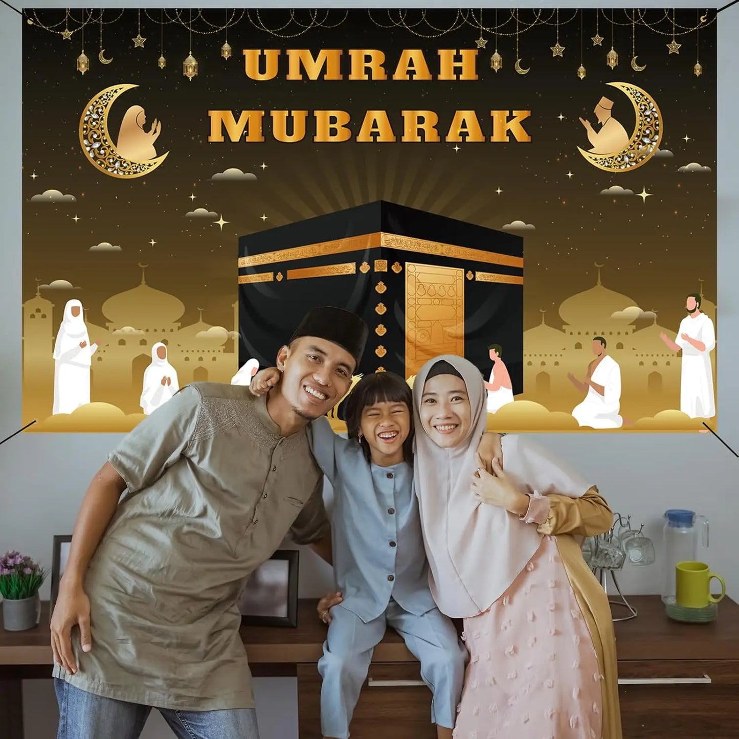 Large Umrah Mubarak Banner Backdrop Hajj Kaaba Background Ramadan Decorations for Home Islamic Muslim Eid Al-Fitr Party