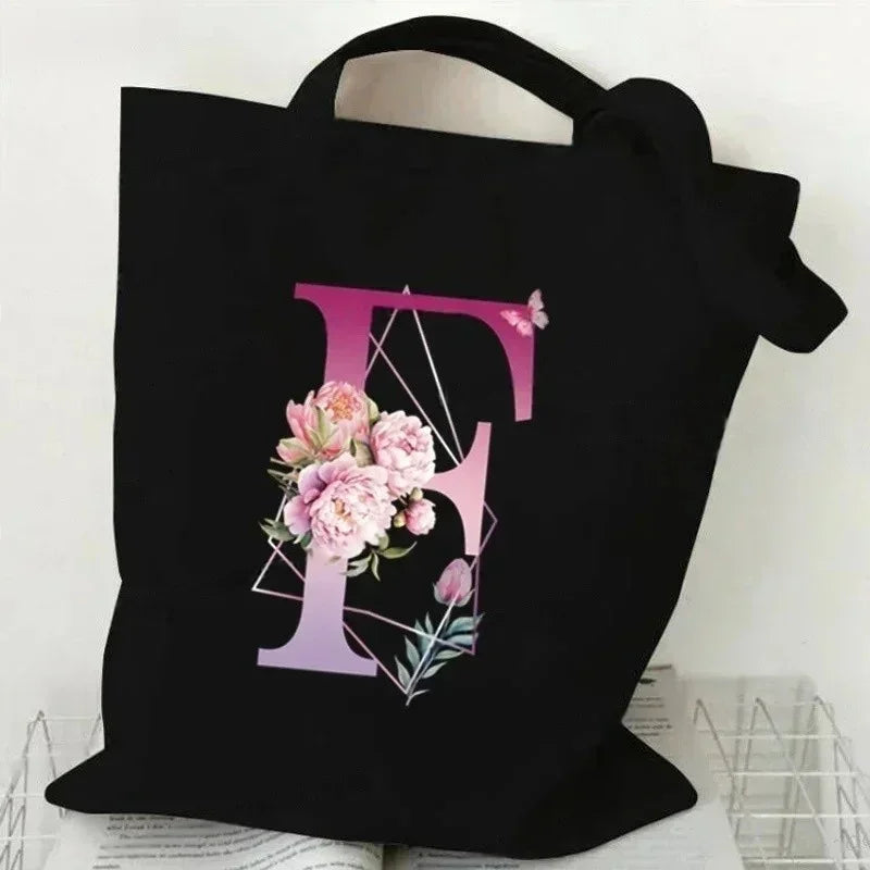 Noir Florale – Black Purple Alphabet Canvas Shoulder Tote