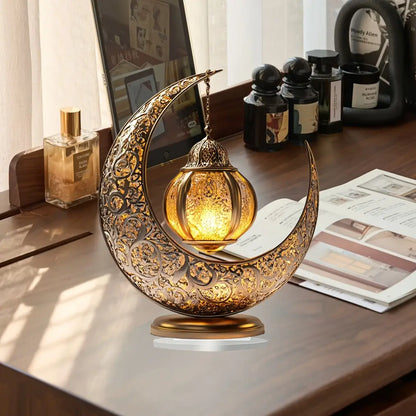 2D Flat, Elegant Acrylic Eid al-Fitr Tabletop Decoration - Classic Crescent Moon with Intricate Patterns and Glowing Ornament