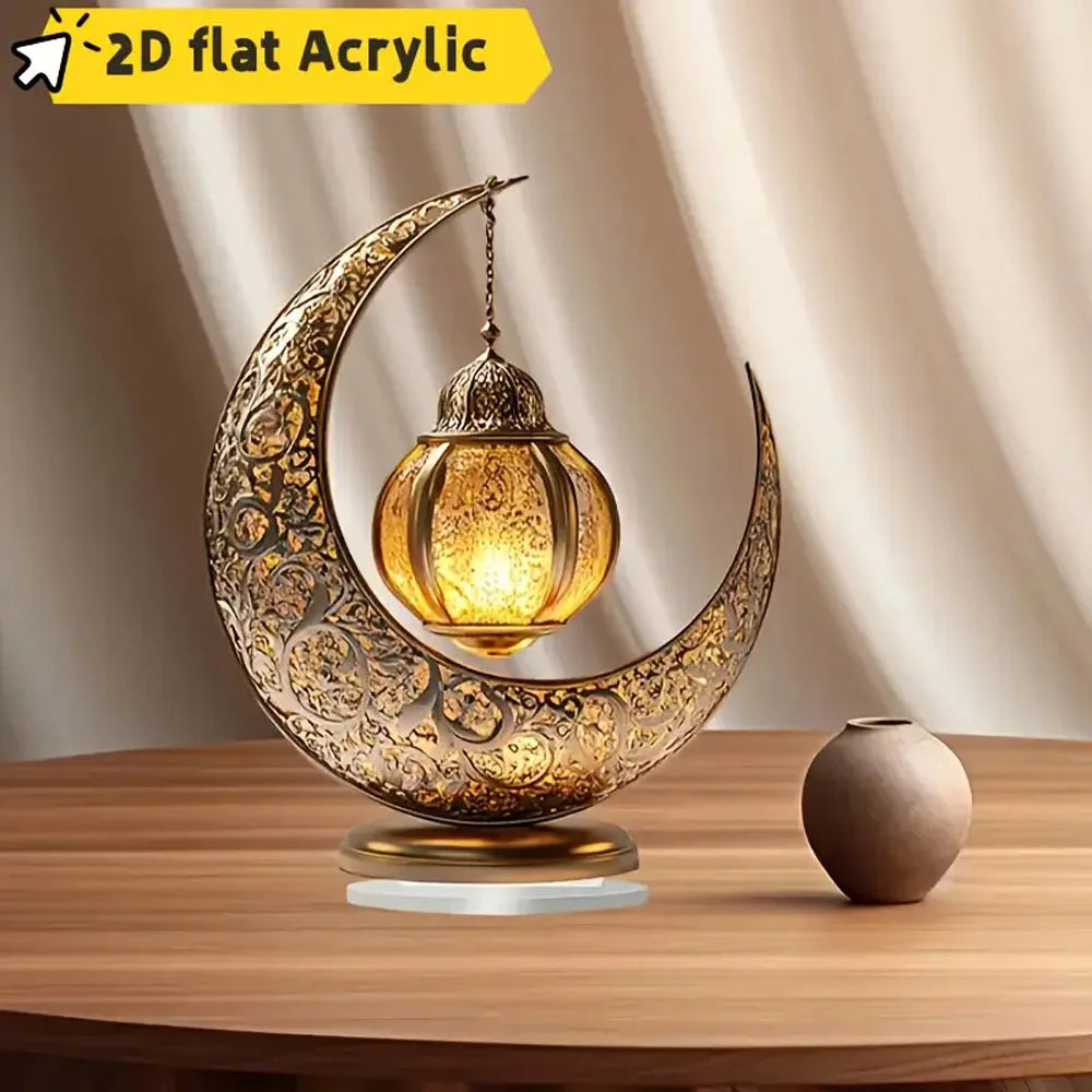 2D Flat, Elegant Acrylic Eid al-Fitr Tabletop Decoration - Classic Crescent Moon with Intricate Patterns and Glowing Ornament