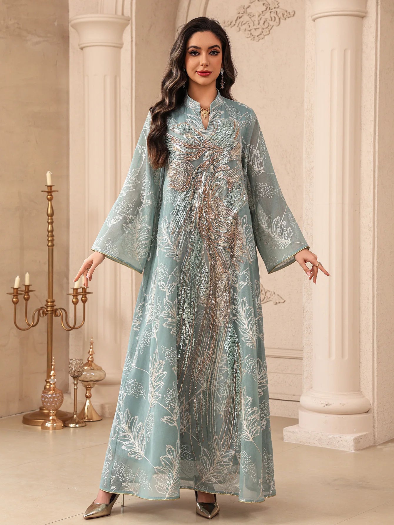 Zahraa Dubai Sequins Luxury Woman Evening Dress Mesh Embroidered Abaya V-Neck Caftan Marocain Femme 2026