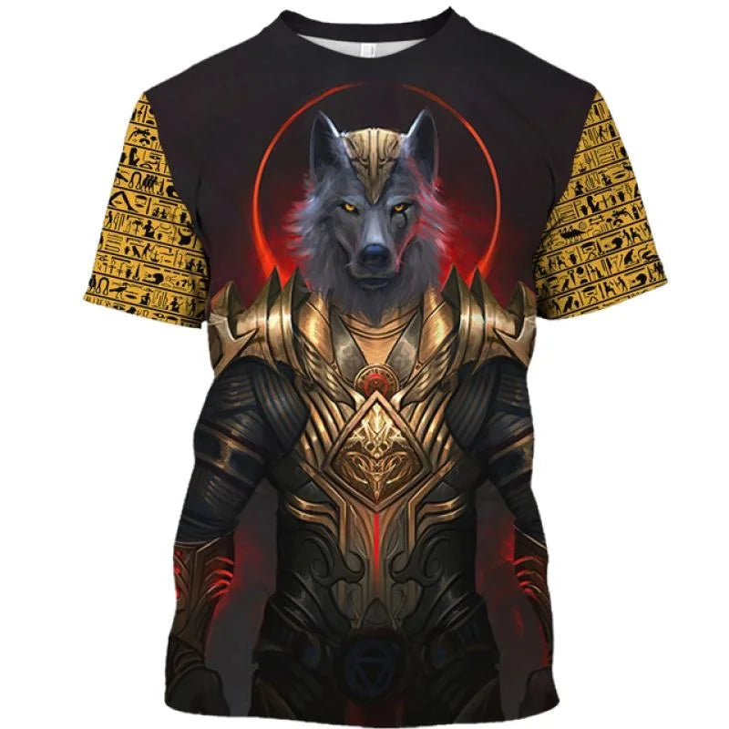 Golden Pharaoh & Anubis T-Shirt – Men's Egyptian Print O-Neck Short Sleeve Tee