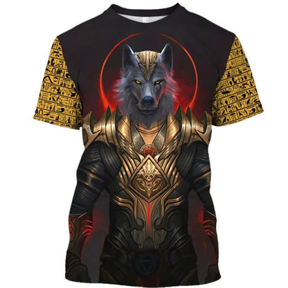 Golden Pharaoh & Anubis T-Shirt – Men's Egyptian Print O-Neck Short Sleeve Tee