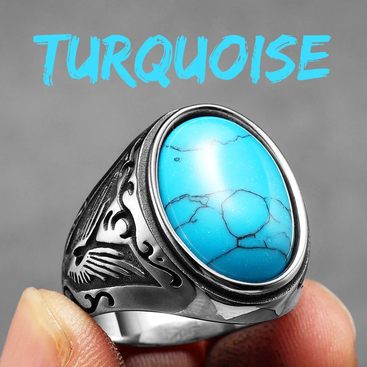 Vintage Black Turquoise Carved Men Rings Stainless Steel Punk Rock Luxury Fashion Jewelry Accessories For Women Gift Wholesale