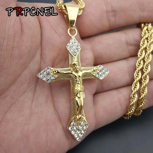 Gold Color Tone Cross Christ Jesus Pendant Necklace with Zircon 316L Stainless Steel Link Rolo Chain Heavy Men Jewelry Gift