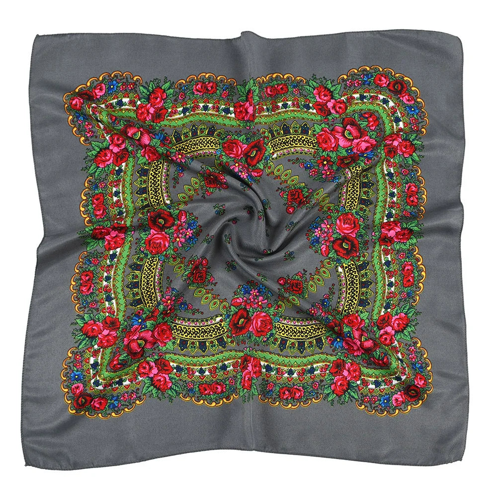 Babushka Bloom – 70cm Retro Floral Square Headscarf for Women