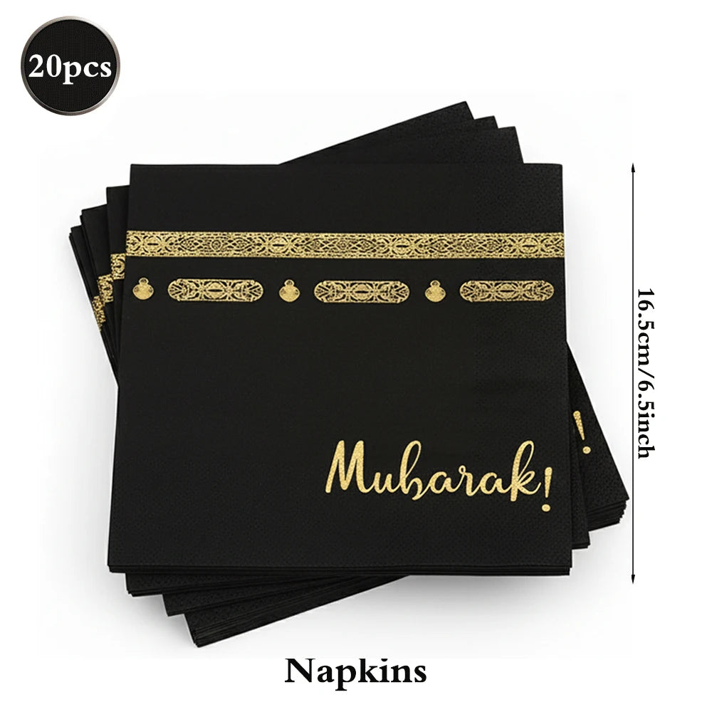 Eid Mubarak Ramadan Kareem Party Black Gold Paper Plates Cup Napkins Mubarak Umrah Banner for Islamic Muslim Festival Decoration