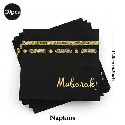 Eid Mubarak Ramadan Kareem Party Black Gold Paper Plates Cup Napkins Mubarak Umrah Banner for Islamic Muslim Festival Decoration