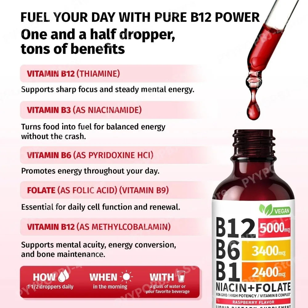 Vitamin B12 and B6 Liquid Drops, B12 Sublingual Vitamin B Complex for Energy Brain and Heart Support with 27,200 mcg Raspberry
