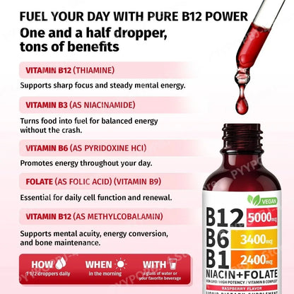 Vitamin B12 and B6 Liquid Drops, B12 Sublingual Vitamin B Complex for Energy Brain and Heart Support with 27,200 mcg Raspberry