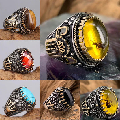 Turquoise Tiger Stone Crystal Amber Ant Men's Ring Personality Fashion Temperament Cold Wind Banquet Jewelry Design Ring