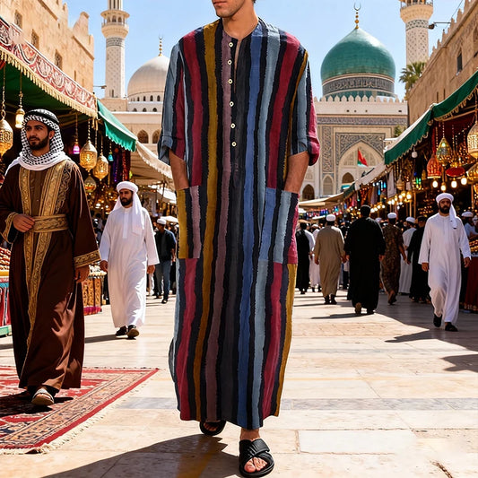 The Striped Qamis – Button-Down Arabian Kaftan Suit for Men
