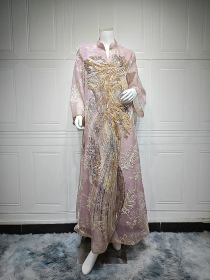 Zahraa Dubai Sequins Luxury Woman Evening Dress Mesh Embroidered Abaya V-Neck Caftan Marocain Femme 2026