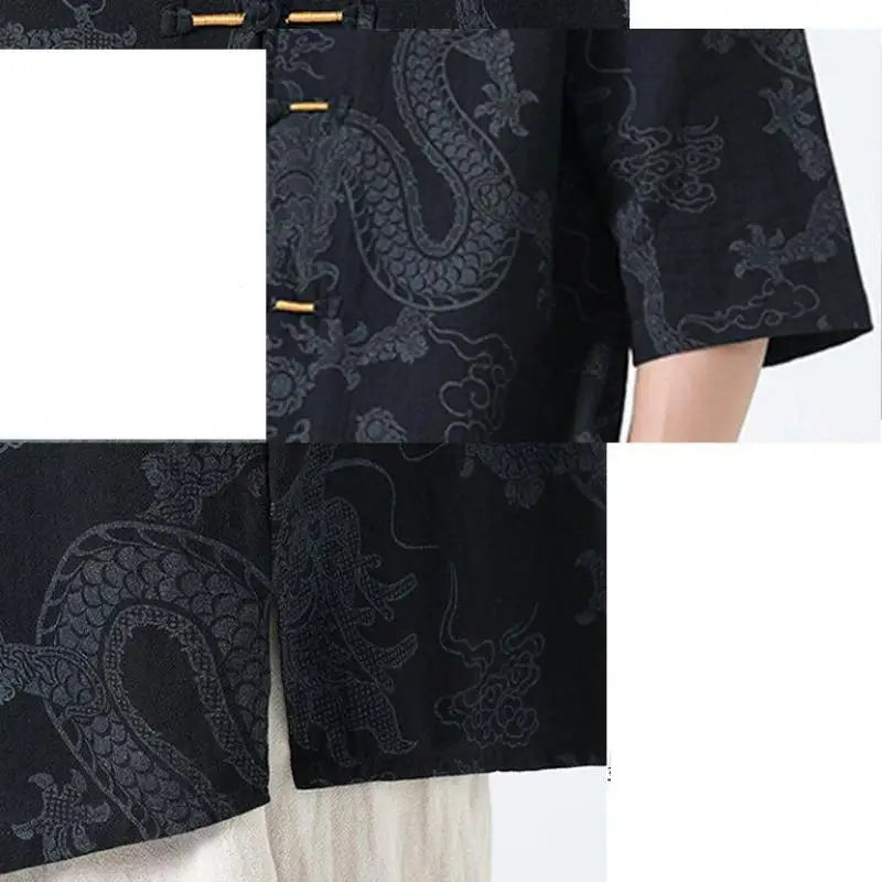 Men's Lightweight Printed Shirt Summer Chinese Style Mandarin Collar Casual Top with Frog Buttons Oriental Design