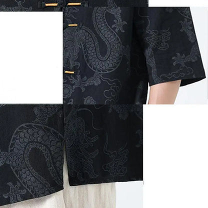 Men's Lightweight Printed Shirt Summer Chinese Style Mandarin Collar Casual Top with Frog Buttons Oriental Design