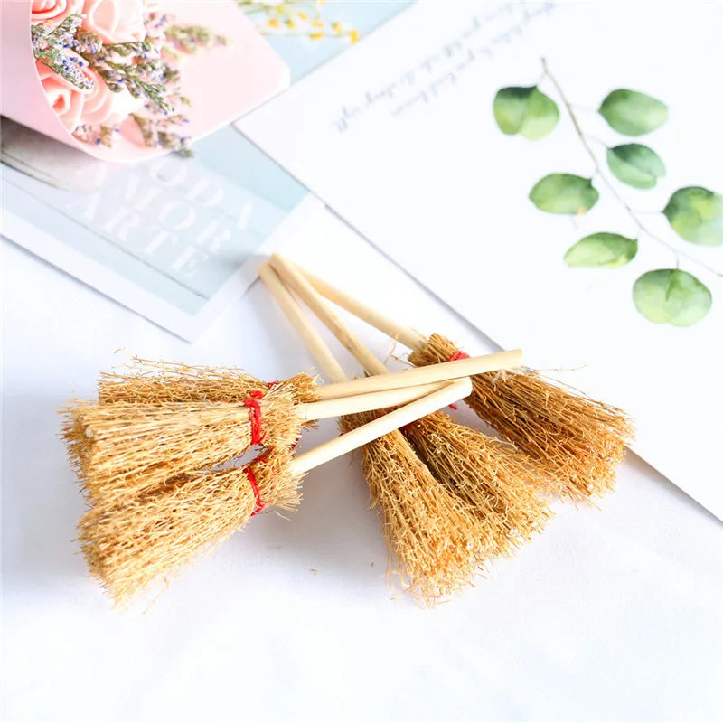 10Pcs Halloween Party Photo Props Mini Witch Hat Mini Broom Miniature Straw Brooms Plastic Witch Hats and Brooms for Halloween