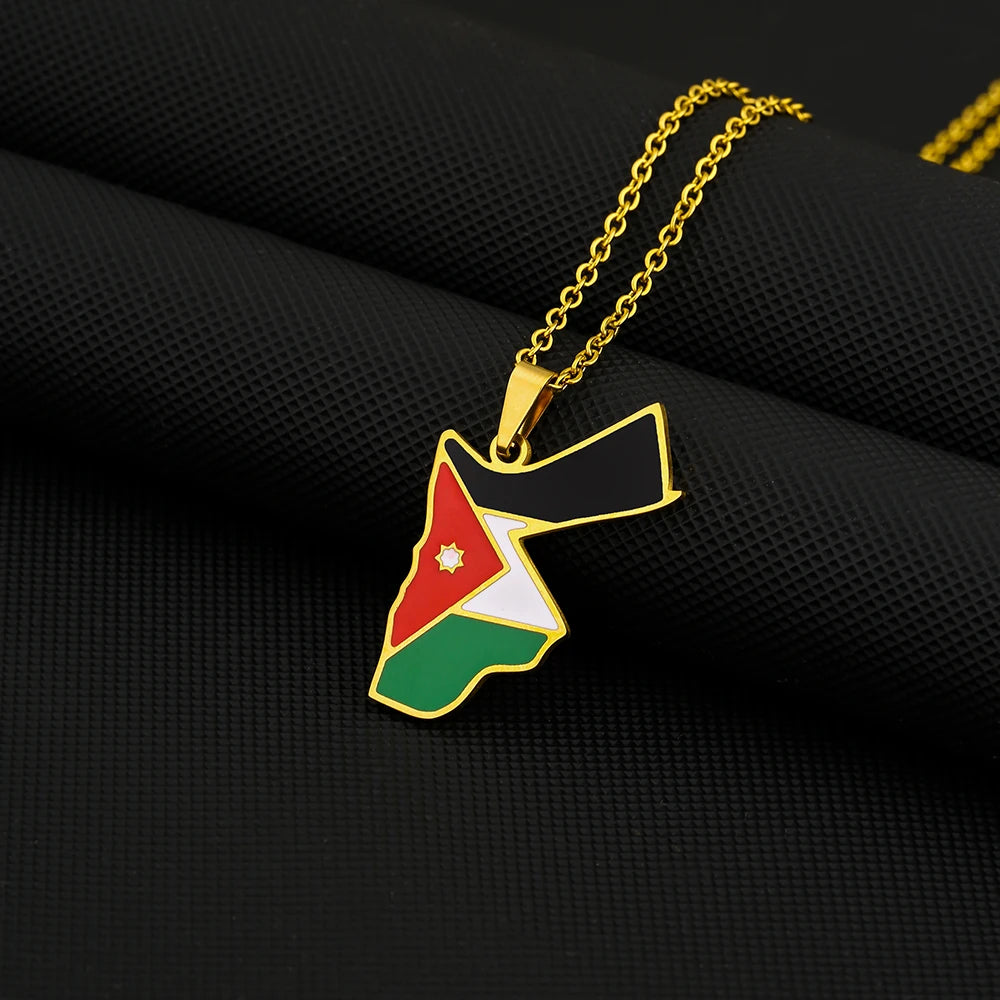 Jordan Map & Flag Pendant Necklace – Stainless Steel Men's & Women's Jewelry