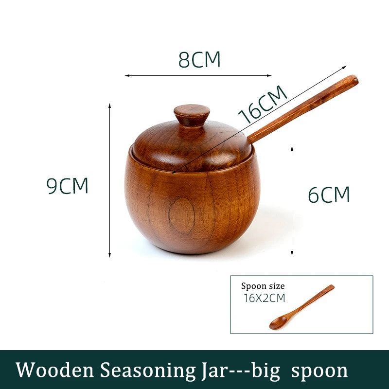 Wooden Seasoning Jar Creative Kitchen Retro Salt Sugar Pot Seasoning Storage Jar With Lid Spoon Wooden Tray Storage Containers