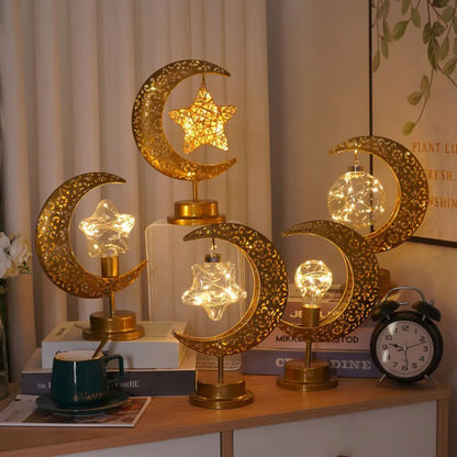 Ramadan Iron Art Moon LED Lights Eid Mubarak Decoration Ramadan Kareem Party Hanging Star Light Islamic Muslim Festival Supplies