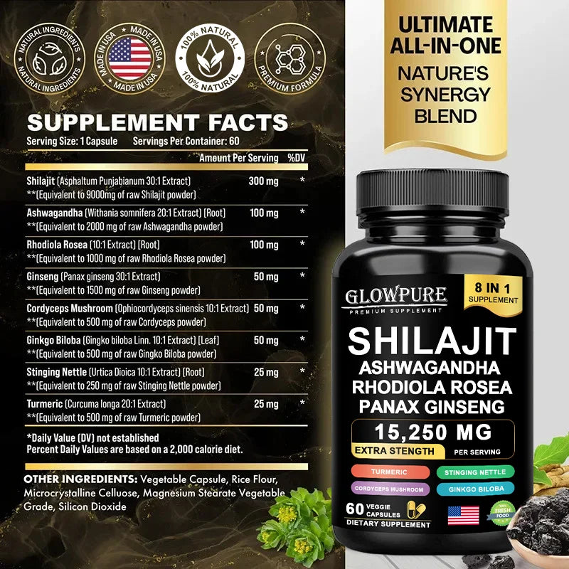 Shilajit Original Himalaya Supplements - 8 in 1 with Ginseng Ashwagandha for Brain, Memory, Concentration, Energy, Immune Health