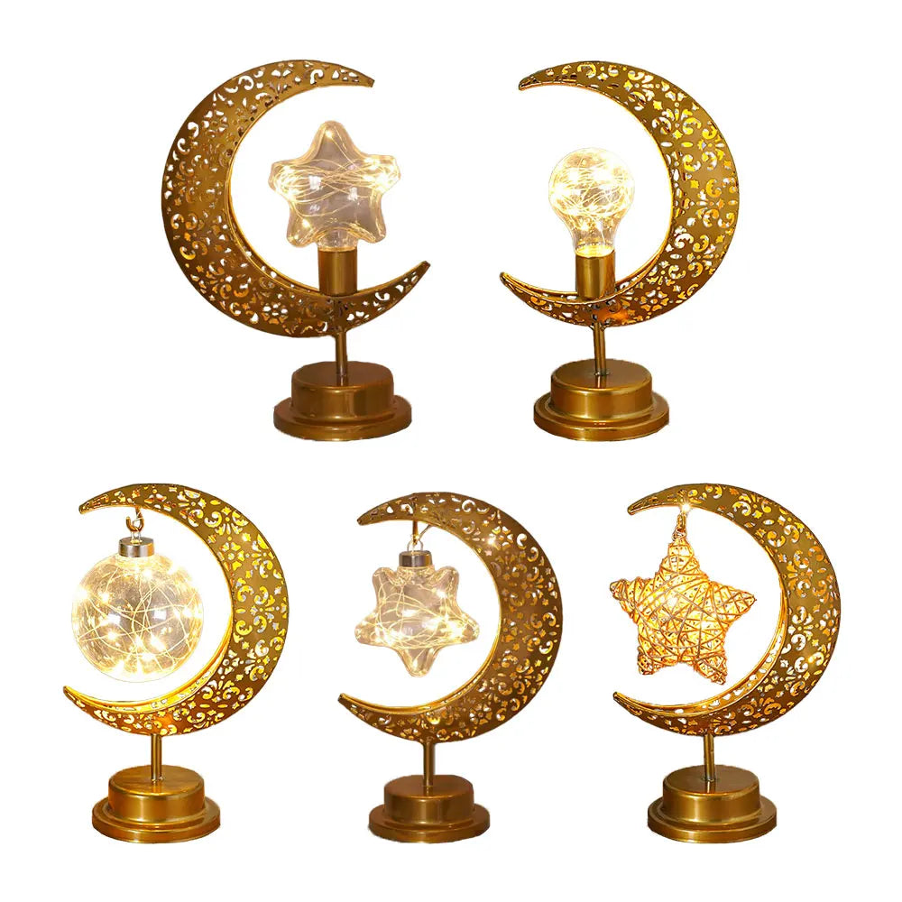 Ramadan Iron Art Moon LED Lights Eid Mubarak Decoration Ramadan Kareem Party Hanging Star Light Islamic Muslim Festival Supplies