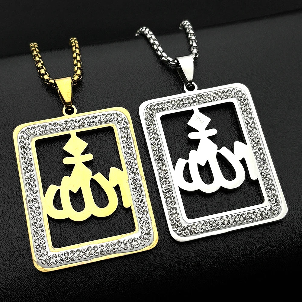Islamic Arab Allah God Name Pendant Necklace for Men Women Stainless Steel Gold Color Rhinestones Muslim Chain Amulet Jewelry