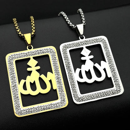Islamic Arab Allah God Name Pendant Necklace for Men Women Stainless Steel Gold Color Rhinestones Muslim Chain Amulet Jewelry