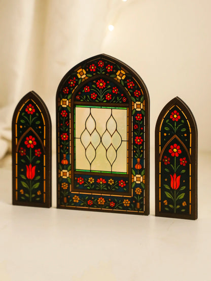 3Pcs/Set Islamic Geometric Arch Decor Golden & Floral Acrylic Table Ornaments Wooden Festive Home Decor for Ramadan & Eid Gifts