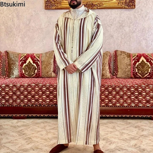 The Red Stripe Hooded Juba – Men's Casual Islamic Hoodie for Spring & Autumn