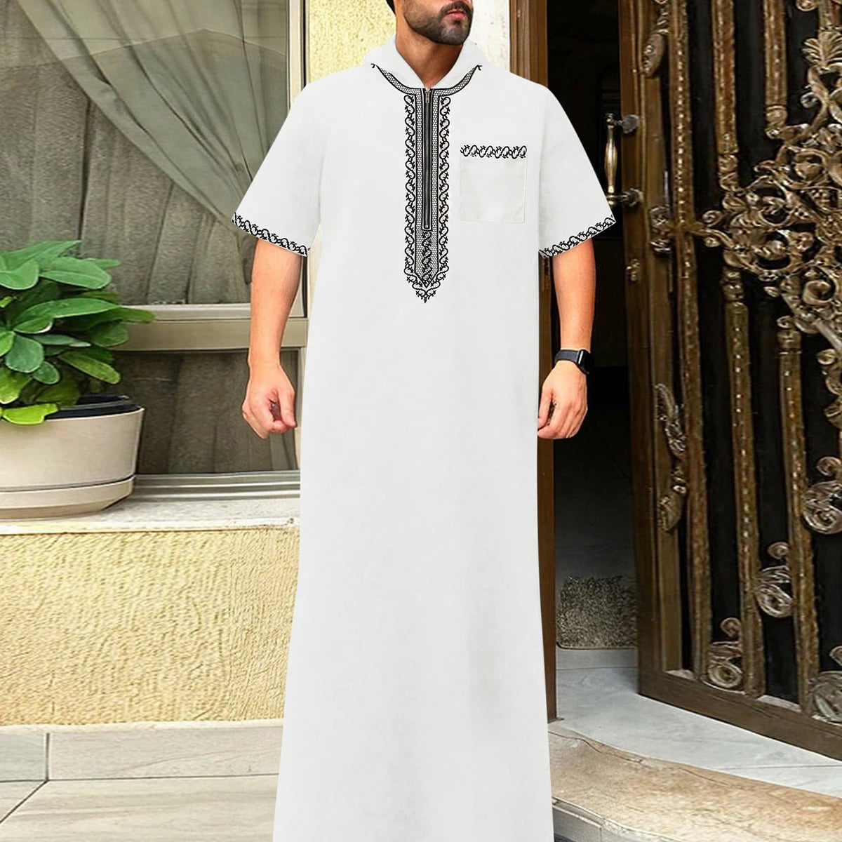 Short-sleeved, hooded, embroidered Muslim pocket Thobe, casual Arab style, traditional Gandoura prayer festival clothing for men