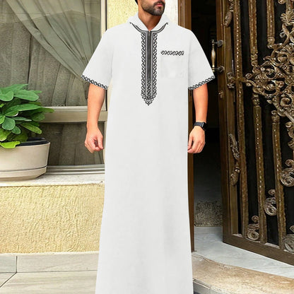 Short-sleeved, hooded, embroidered Muslim pocket Thobe, casual Arab style, traditional Gandoura prayer festival clothing for men