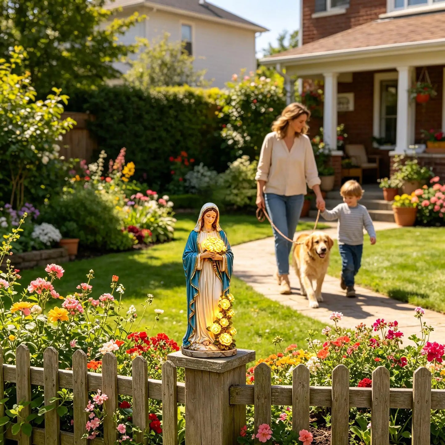 Mary Garden Statue Outdoor Christian Statue Blessed Mother Garden Light Statue with Glowing Rose Usb Lamp For Lawn Patio Porch