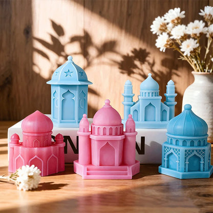 Ramadan Lantern Silicone Mold 3D Mosque Castle Candle Mold Eid Mubarak Islamic Plaster Gypsum Wax Resin Soap Making DIY Ornament