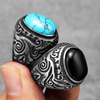 Vintage Black Turquoise Carved Men Rings Stainless Steel Punk Rock Luxury Fashion Jewelry Accessories For Women Gift Wholesale