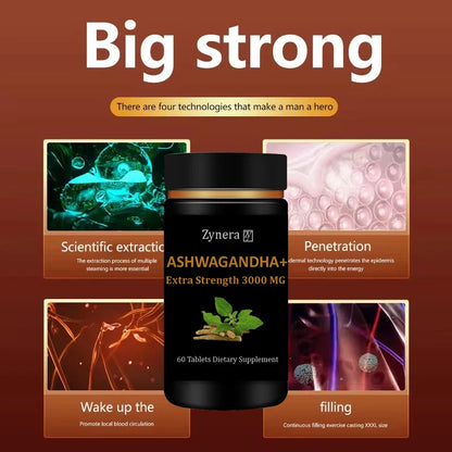 Ashwagandha 3000mg Extract 60 Tablets,Male Stamina, Energy, Strength & Performance, Fast Acting Enlargement Support Men Healthy