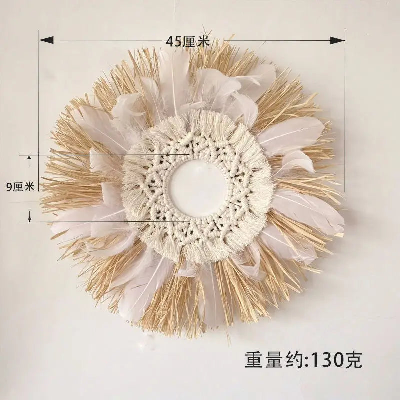 Raffia Woven Wall Hanging, Japanese Moroccan Style Grass Decor for Hotel B&B, Wooden Frame Wall Art