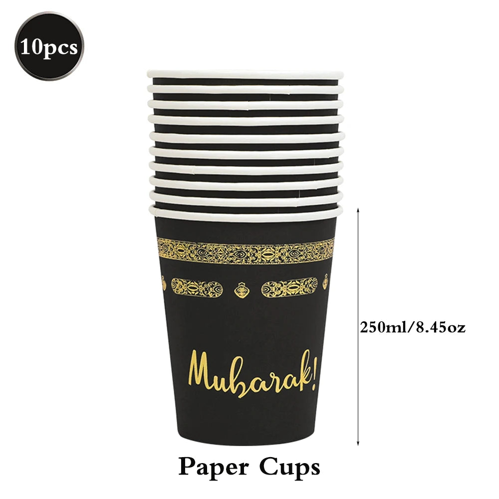 Eid Mubarak Ramadan Kareem Party Black Gold Paper Plates Cup Napkins Mubarak Umrah Banner for Islamic Muslim Festival Decoration