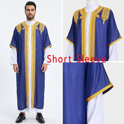Traditional Arab Men's Robe Thobe Embroidered Dress Middle Eastern Ethnic Jubba Thobes Eid Djellaba Kimono Abaya Thoub Dishdasha