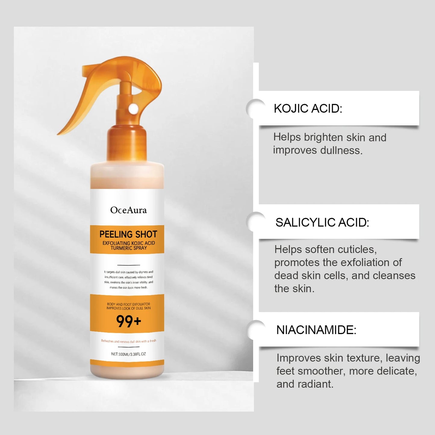 OceAura Peel Shot Kojic Acid Turmeric Spray Dead Skin Remover Smooth Body Exfoliant Improve Dullness Refreshing Hydrating Spray