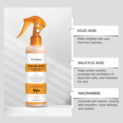 OceAura Peel Shot Kojic Acid Turmeric Spray Dead Skin Remover Smooth Body Exfoliant Improve Dullness Refreshing Hydrating Spray