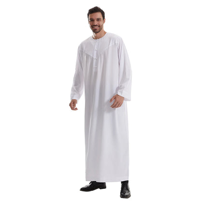 TH839 Men's Muslim Middle Eastern Men Long Sleeves Pure Color Buckle Robe Ramadan Eid Jubba Thobe