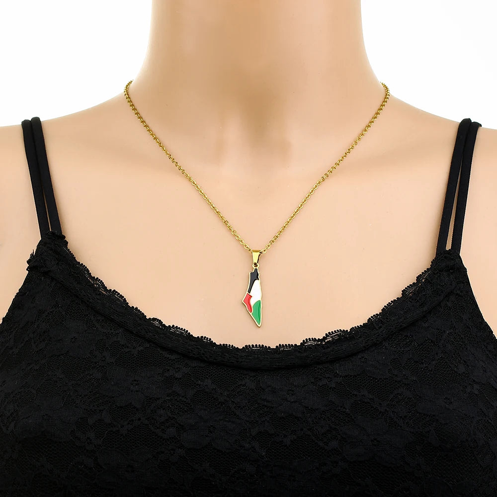 SONYA New Fashion Palestine Flag Map Pendant Necklace For Women Men Gold Silver Color Stainless Steel Jewelry Gifts