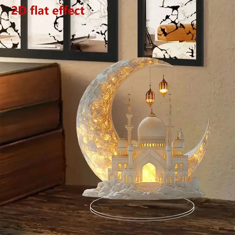 2D Flat 1pc Boho Style Ramadan Crescent Mosque Tabletop Decor, 2D Flat Acrylic Islamic Art, Multipurpose Home Decoration